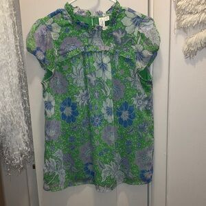 Joie Green & Blue Floral Blouse With Metallic Gold Trim Medium